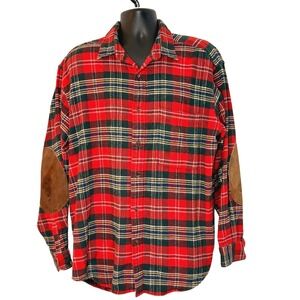 Vtg BananaRepublic Men Buffalo Plaid Elbow Patch Flannel Shirt Sz L Heritage 90s